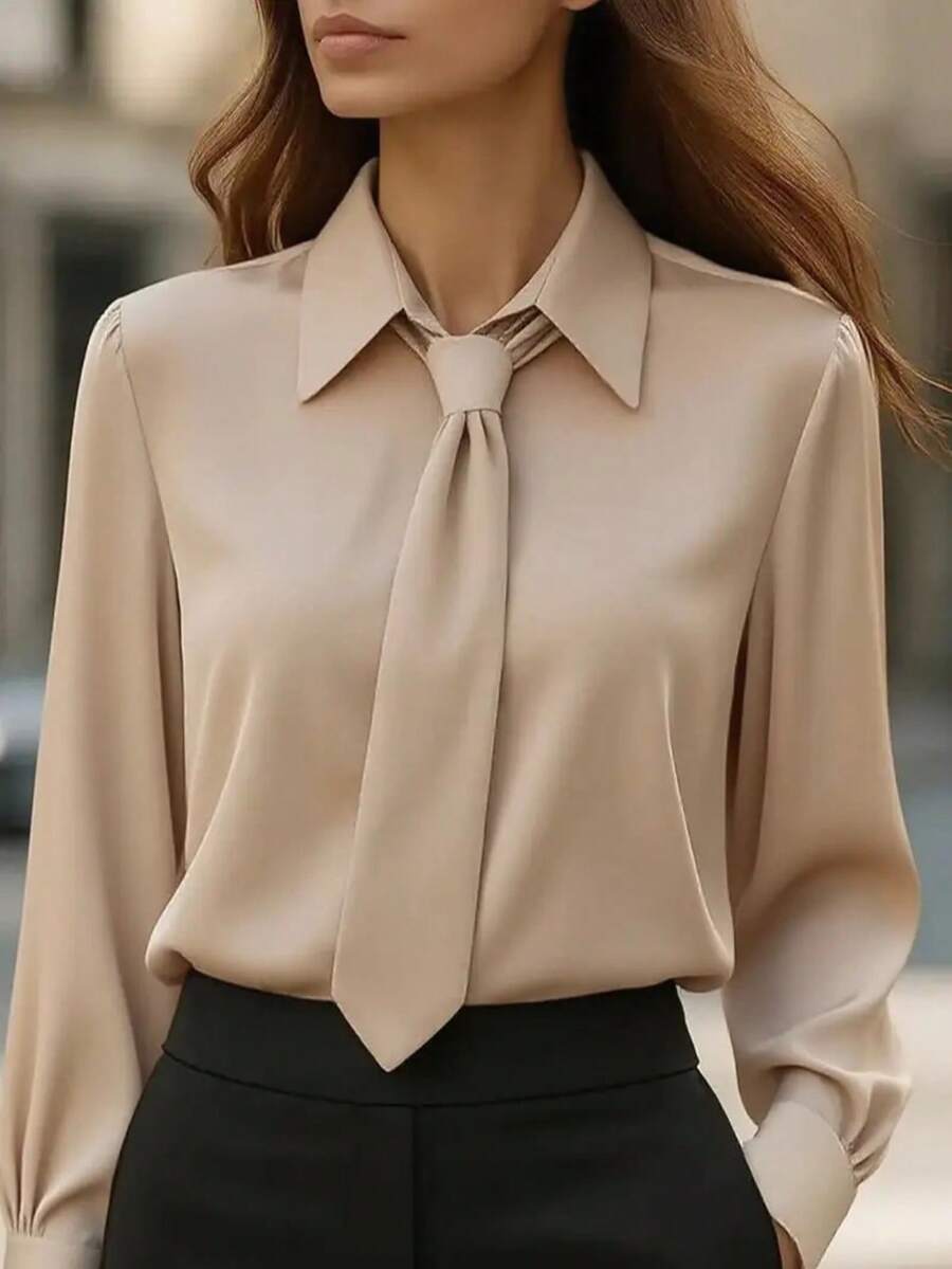 Women's Elegant Solid Color Bow Tie Design Long Sleeve Blouse - Structured For Office, Suitable For Professional And Formal Attire - Màu Khaki - Xem 1