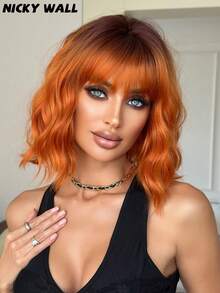 NICKY WALL 12Inch Short Wave Orange Wigs For Women,Elegant Wavy Curly Bob Wigs With Full Bangs,High Density Fluffy Synthetic Heat Resistant Fiber Hair Wig For Daily Party Wear, Halloween Cosplay Wigs - Cam bẩn - Xem 4