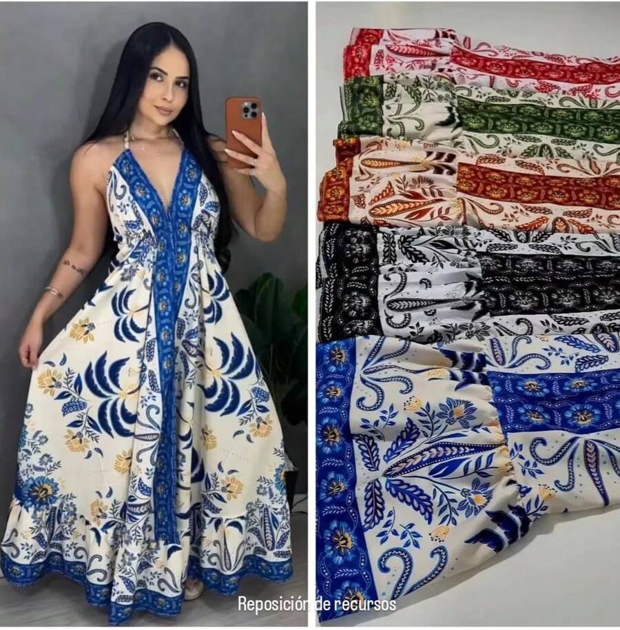 Long  Resort Dress With Deep Neckline And Back Tie - Summer Collection - Women's Fashion - 藍色/黃色 - 查看 1