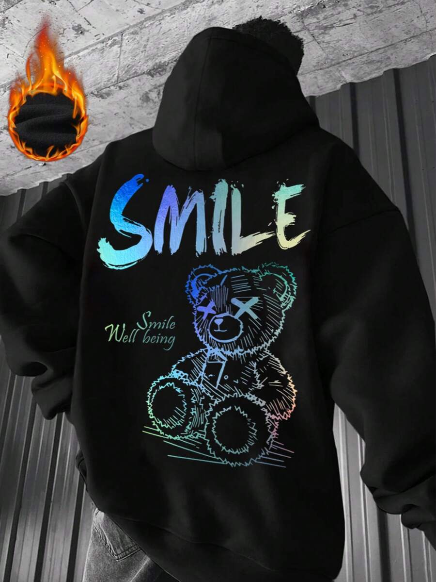 男士宽松连帽衫，饰有熊图案和英文标语印花，休闲口袋卫衣，秋冬季长袖上衣 - 黑色 - 查看 1