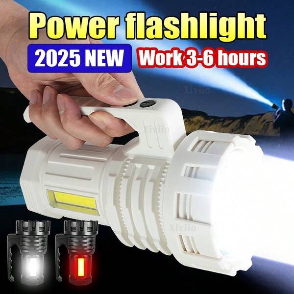 High-Power COB Tactical Light, Portable Rechargeable LED Flashlight, Long-Distance Outdoor Spotlight Searchlight, White/Black Optional Outdoor Camping Fishing Patrol Light, Home Emergency Light