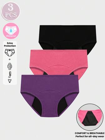 Conjunto de 3 calcinhas menstruais femininas à prova de vazamento, cor sólida, simples, respirável, roupa íntima
