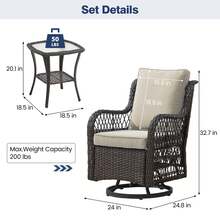 Conjunto de 3 piezas para patio exterior, mecedora de mimbre tipo bistró con 2 sillas giratorias y mesa de vidrio templado, muebles de exterior de ratán con cojines para patio, porche y patio trasero. - Marrón + Albaricoque - Ver 3