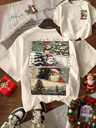 Retro Christmas Santa & Snowman Graphic T-Shirt, Casual Women's Round Neck Short Sleeve Tee, Fall/Winter