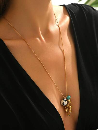 1 pezzo Collana con ciondolo dorato semplice, design premium con nappina e turchese, gioiello di moda, collana lunga a Y, regalo di gioielleria raffinato