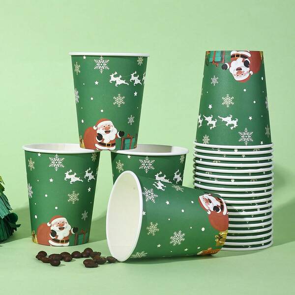10/20/40/60pcs,Merry Christmas Green 9oz Paper Cups Decorated With Santa Claus, Reindeer, And Snowflake Patterns, Perfect For Adding A Festive Touch To Christmas Parties.Christmas Cartoon Santa Claus Design Printed Paper Coffee Drinking Cups