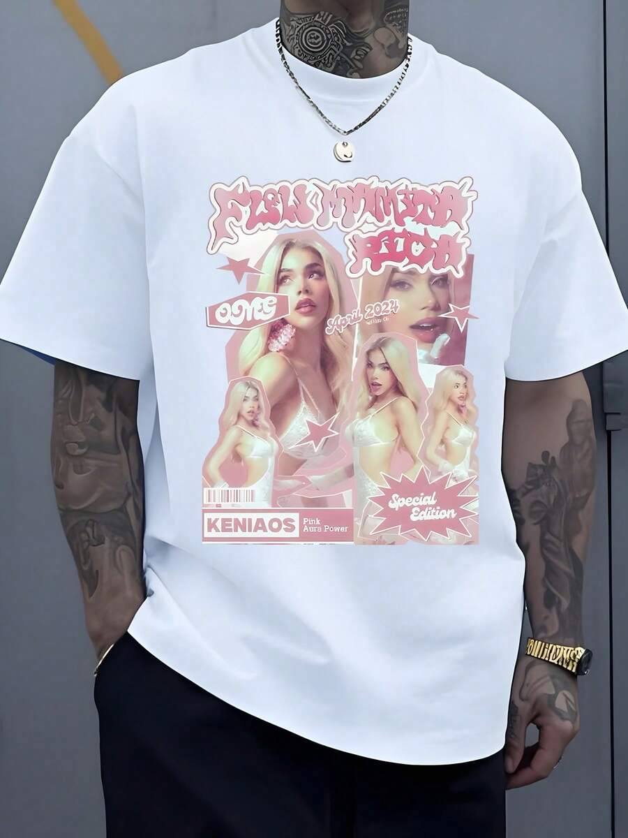 Glamorous Pink Retro Magazine Cover Print Highlights Confident Women Embodying Modern Allure Empowerment 'Keniaos Pink Aura Power' Special Edition 220g T Shirt - trắng - Xem 1