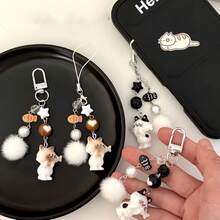 1 New Korean Style Cute Fish Eating Cat Phone Strap Keychain Cartoon Little Fish Planet Plush Bead Phone Chain Backpack Car Keychain, Party/Birthday/Festival Gift For School Use - 黑色手機掛繩 - 查看 7