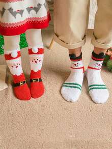 1Pair Women Fuzzy Socks, Cartoon Santa Claus, Elk And Snowman Patterns Mid-Calf Socks Thick Warm Comfortable Christmas Party Gifts Women Socks - Multicolor - View 4