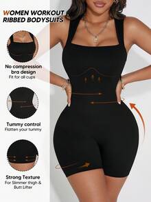 Women Workout Ribbed Bodysuits Tummy Control Body Shaper Seamless Sculpting Waist Slimming Bodysuit - Black - View 2