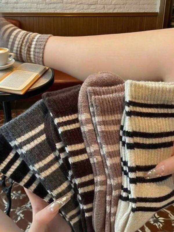 5 Paar Herbst/Winter warme gestreifte Kniestrümpfe, Wollmischung Kniestrümpfe