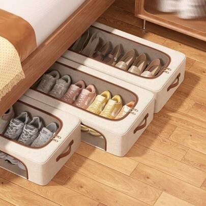 1pc High-Quality Large Capacity Cotton And Linen Shoe Box, Multifunctional Foldable Drawer Style Storage Box, Space Saving Bed Bottom Storage Box, Suitable For Clothing, Blankets, Toys, Miscellaneous Storage, Stackable, Essential For Home Storage,