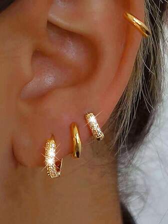 Set de 4 cercei rotunzi simpli cu model C, din material de cupru, încrustați cu zirconiu cubic strălucitor, eleganți și minimalisti, potriviți pentru purtarea zilnică a femeilor, vacanță, petrecere, întâlnire, logodnă, nuntă, naveta zilnică, bijuterii versatile