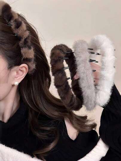 1pc Leopard Print Plush Headband, Cute Wavy Hair Clip With Teeth For Women, Fluffy Hair Root Booster, Non-Slip Headband For Everyday Wear And Face Washing, Autumn/Winter,Gifts,Travel,Gifts For Women,Hair Stuff,Stocking Stuffers
