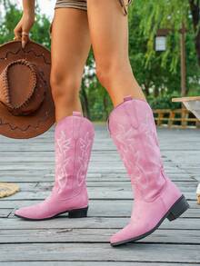 Women's Fashionable Embroidered Faux Suede Pointed Toe Chunky Heel V-Cut Over-The-Knee Boots, Stylish Punk Rock Chelsea Boots, Outdoor Casual Fashion Boots - Pink - View 6