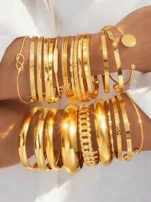 Vintage Elegant Exaggerated Wide Coin Design Random 25/20/16/12/9/6/3pcs Metal Element Bling Rhinestone Faux Pearl Flower Twist Geometric Irregular Smooth Multi-Piece Bracelet & Bangle Set, Suitable For Women & Men, Ideal For Vacation, Party, Date, Gift, Daily Wear, Holidays (Random Styles) - Yellow Gold - View 4