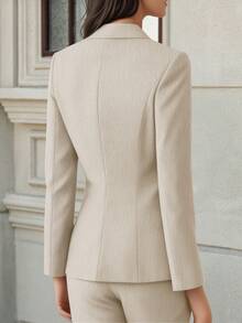 HOMEYEE Vintage Lapel Long Sleeve Casual Elegant Business Office Lady Blazer Jacket, Suitable For All Seasons - 卡其色 - 查看 2
