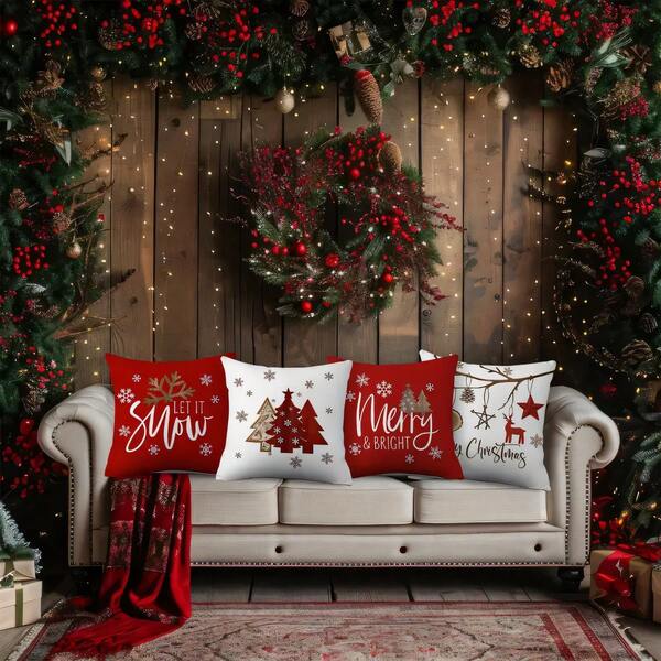 4pcs Christmas Happy Red Minimalist Snowflake, Christmas Tree, Deer, Pine Cone, Star Printed Soft Polyester Throw Pillow Covers, 45x45cm (17.72x17.72inch), Zipper Closure, Machine Washable, Suitable For Home Decor, Living Room, Bedroom, Porch, Garden, Outdoor, Winter Holiday Decoration (Cushion Covers Only - Insert Not Included)