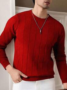 Men's Casual Ribbed Knit Sweater, Round Neck, Minimalist & Fashionable For Everyday Wear - Red - View 2