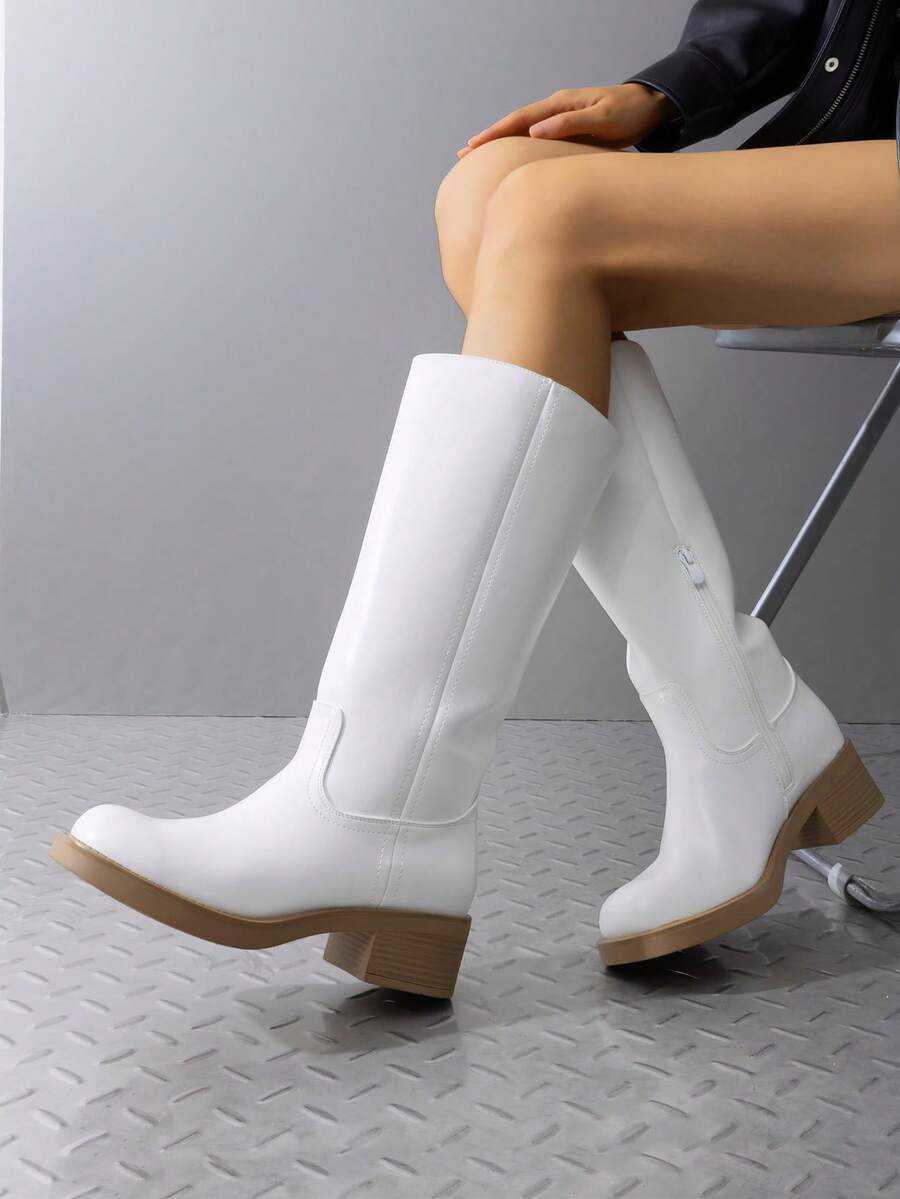 Womens Square Toe Chunky Block Heel Knee High Boots Banana Campus Boots For Women Casual Comfortable Low Heel Side Zipper Riding Tall Boots - trắng - Xem 1