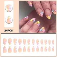 Short Fake Nails Flower Press On Nails Almond Nails Full Cover Acrylic Colorful Flase Nails For Women And FFgirls 24PCS{Inchcolor_nameinch:InchColor3inch} - 顏色3 - 查看 5