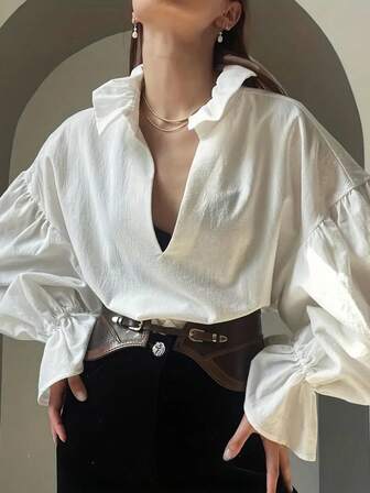 Women's Elegant White Ruffle Sleeve Blouse, Solid Vintage Collar, Solid Pleated Ruffle/Frill Hollow Out Top, Suitable For Office Wear Or Casual Occasions, Perfect For All Seasons