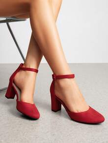 Women's Ankle Strap Closed Toe Chunky Heel Pumps Low Block Round Toe Solid Color Heels Elegant Bridal Wedding Dress Pumps Shoes - 紅色 - 查看 2