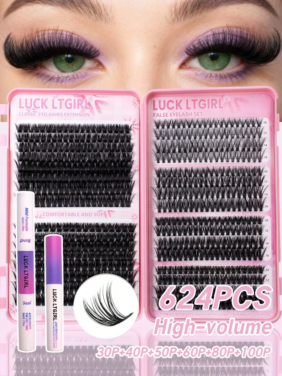 LUCK LTGIRL 320/624片蓬松假睫毛套装，包含睫毛工具、二合一睫毛夹、双头睫毛胶、卸妆液，混合长度（10mm/12mm/14mm/16mm），新手友好，精美礼品，睫毛簇、单根睫毛、睫毛册、睫毛嫁接胶水 - 黑色 - 查看 1
