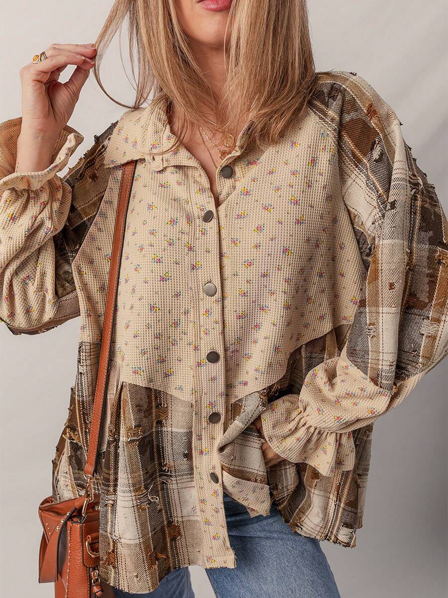 Áo len dệt kim tay bèo nhún họa tiết caro boho - Nhiều màu - Xem 1