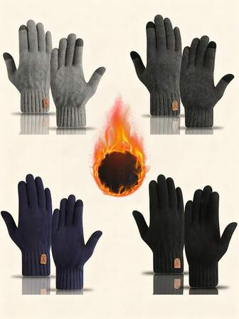 1 Pair Of Men's Winter Warm Gloves, Touchscreen-Compatible, Thermal Lined And Thickened, Knitted For Cycling, Cold-Resistant, Five-Finger Woolen Gloves Hand Warmers Gloves