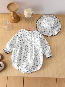 2件套新生女宝宝可爱时尚长袖连体衣和帽子，春秋季