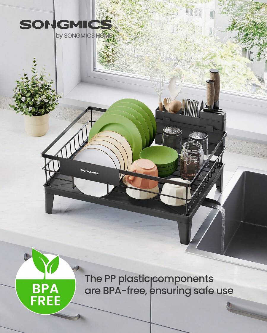 Dish Drainer Rack- Space-Saving Dish Drainer, Dish Racks For Kitchen Counter, Stainless Steel Kitchen Drying Rack With A Cutlery Holder, Black/Grey - 黑色 - 查看 1