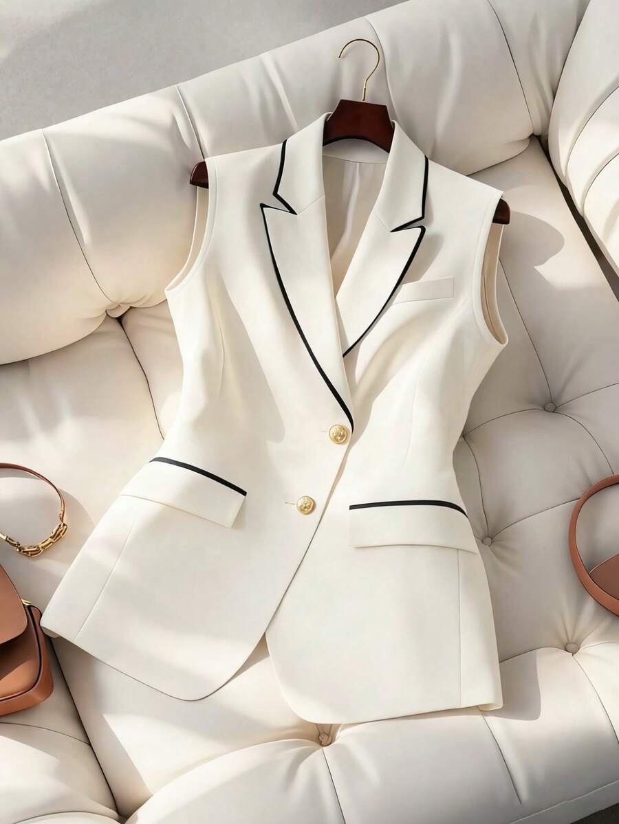 Women's Fashionable Versatile Elegant Commuter Contrast Color Ribbon Front Button Office Blazer