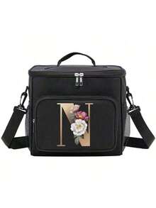 Insulated Lunch Box Bag Shoulder Canvas Bags Thermal Lunch Box Initial Name A To Z Gold Letter Flower Printing Large Capacity Tote Bag For Women's Portable Work Food Storage Handbags Cooler Box For Office School Picnic Camping Travel Lunch Bag Woman For Women Ladies School Supplies Stuff Accessories - màu đen - Xem 20