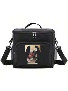 Insulated Lunch Box Bag Shoulder Canvas Bags Thermal Lunch Box Initial Name A To Z Gold Letter Flower Printing Large Capacity Tote Bag For Women's Portable Work Food Storage Handbags Cooler Box For Office School Picnic Camping Travel Lunch Bag Woman For Women Ladies School Supplies Stuff Accessories - màu đen - Xem 30