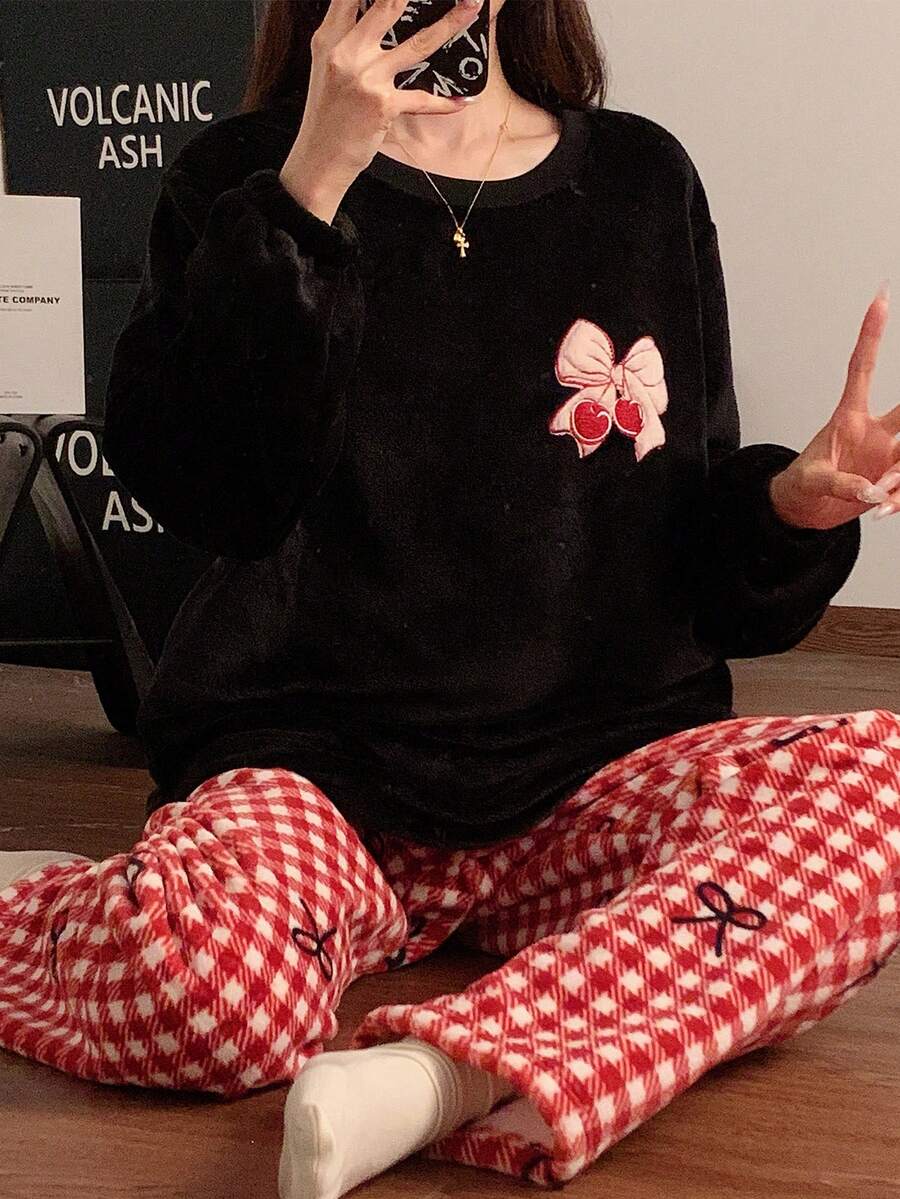 两件套蝴蝶结刺绣女士睡衣套装，格子印花法兰绒长袖上衣和裤子，冬季睡衣 - 紅色 - 查看 1