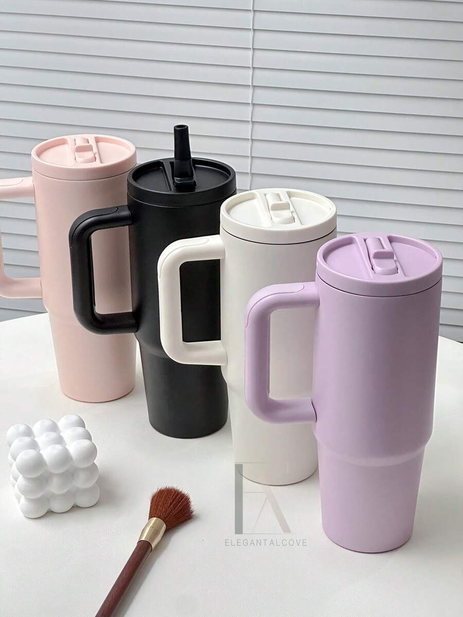 30oz Leak-Proof Insulated Tumbler With Handle And Foldable Straw, Double Wall Vacuum Insulation For Hot & Cold Drinks, Minimalist Travel Mug