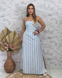 Inspiration Dress With Striped Candy Style, Knot Detail, Backless Tie, And Holiday Style - 淺藍色 - 查看 1