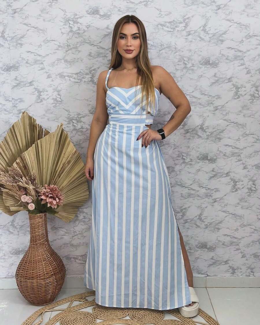 Inspiration Dress With Striped Candy Style, Knot Detail, Backless Tie, And Holiday Style - 淺藍色 - 查看 1