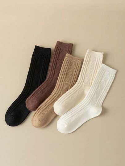 3 pares de calcetines de tubo medio de mujer de nueva temporada de otoño e invierno, de cachemira, con diseño de cuadrícula de diamantes de unicolor