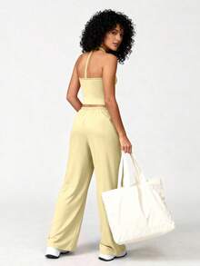 TCVC Bộ 2 trang phục thường ngày cho nữ, áo ngực thể thao và quần ống rộng, hoàn hảo cho trang phục hàng ngày, trang phục thoải mái và thời trang cho nữ, chất liệu vải thân thiện với da - Màu vàng - Xem 4