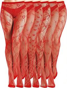 6 Pairs Fishnet Thigh Highs For Women - Bow Pattern Lace Stockings, High Waist Tights - 紅色 - 查看 7