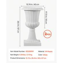 Plastic Urn Planters, 15.8 X 26.4 Inch, 2 Pack White Classic Flower Pots Front Porch Planters, Indoor & Outdoor Vase For Wedding, Party, Event, Home, Stage, Garden, Balcony, Patio Decoration - trắng - Xem 3