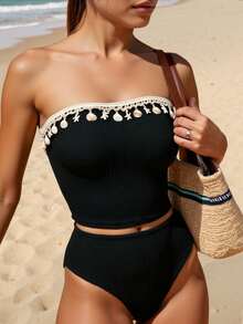 Swim Vcay 2pcs Women Springbreak Spaghetti Strap Bikini Set, Textured Fabric With Seashell And Starfish Decor, High Waist Bikini Bottom, Adult Beach Spaghetti Strap Bikini For Summer Beach Vacation - Black - View 1