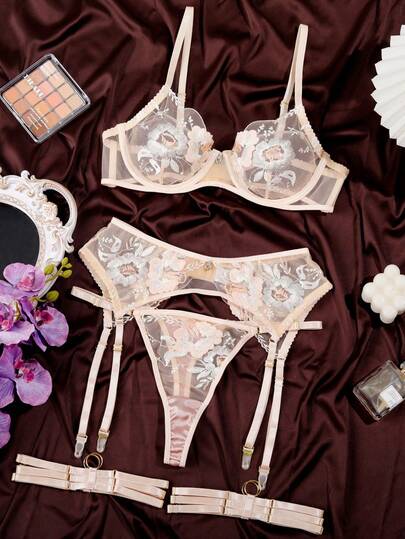 Conjunto de lencería sexy para mujer con sujetador con soporte de acero, faja portaligas y bordado de flores, set de 3 piezas