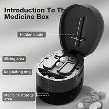 二合一切药器兼储物盒，可将药片切成两半或四分之一，隐藏式刀片设计，底部储物格，适用于各种形状的药片，便携式切药器 - 黑色 - 查看 7