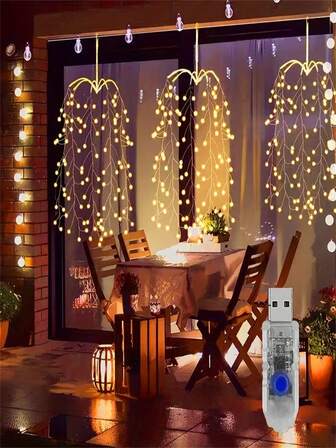 1pc 3-In-1 USB-Powered Fireworks Light - Outdoor/Indoor LED Hanging Firecracker String Lights With 300 LED Beads, 8 Lighting Modes, For Bedroom, Eaves, Tents, Street Decoration - Christmas, Party, Wedding, New Year Atmosphere Decoration