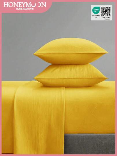 3/4 件套纯色床上用品套装，柔软舒适透气，酒店级奢华家居床上用品，适合夏季使用。提供单人、双人、大号和特大号尺寸可选。套装包含 1 或 2 个枕套、1 个床单和 1 个床笠。适合房间装饰，也是理想的礼物之选。适用于家庭和宿舍。黄色，通过 Oeko-Tex 认证。