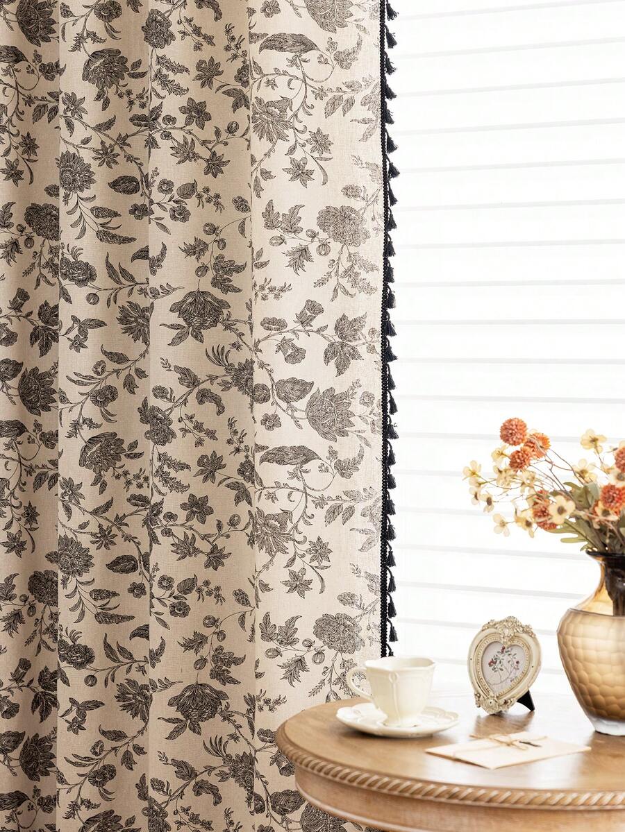 1pc Vintage Floral Print Curtain, Black Floral Print With Black Tassel Decor, Suitable For Living Room, Kitchen, Bedroom, Study, Balcony, Patio, Suitable For Home, Room, All Season - Black and White - View 1