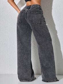 Pantalones vaqueros azules de tiro bajo y pierna ancha, con bolsillos en sesgo y adornos de cuentas, para vacaciones de primavera - Negro - Ver 2